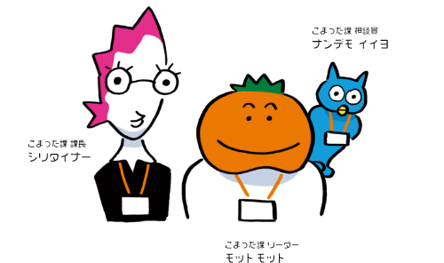 こまった課 課長　シリタイナー | こまった課 リーダー　モット モット | こまった課 相談員　ナンデモ イイヨ